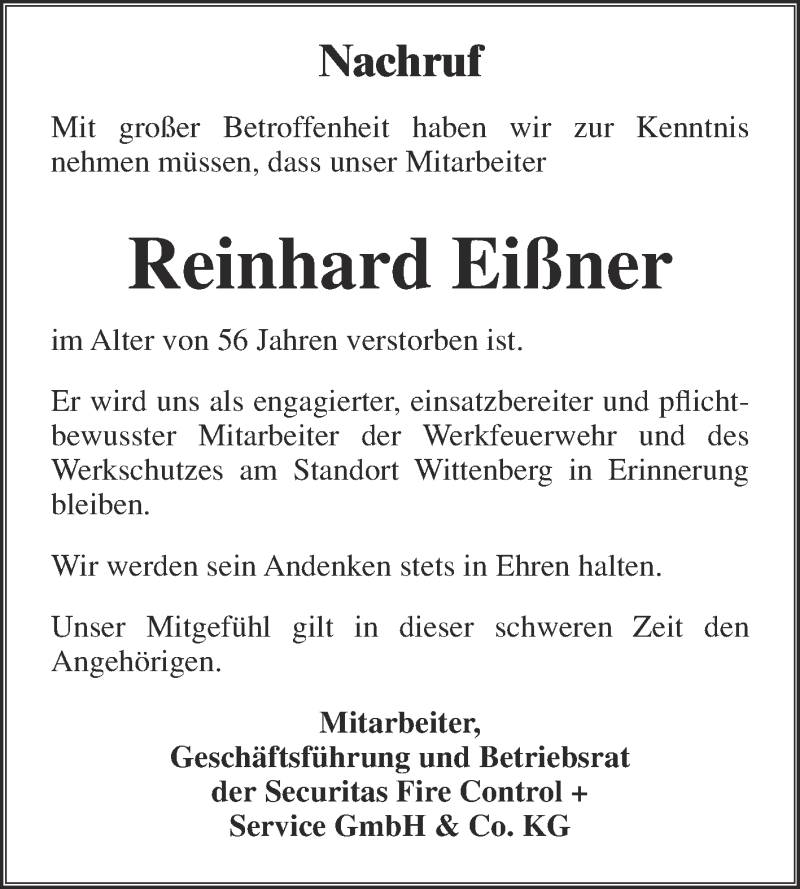  Traueranzeige für Reinhard Eißner vom 14.11.2015 aus Super Sonntag Wittenberg