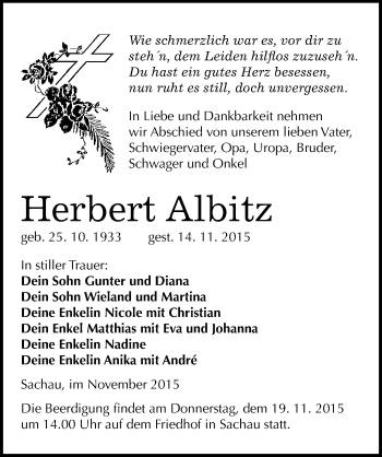 Traueranzeige von Herbert Albitz von Mitteldeutsche Zeitung Wittenberg