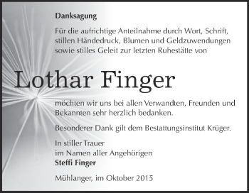 Traueranzeige von Lothar Finger von WVG - Wochenspiegel Wittenberg