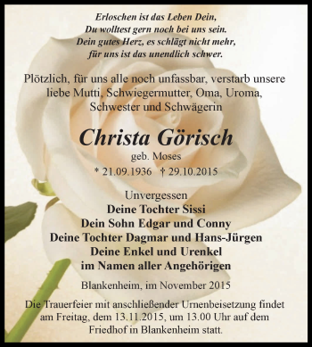 Traueranzeige von Christa Görisch von Super Sonntag SGH Mansf. Land