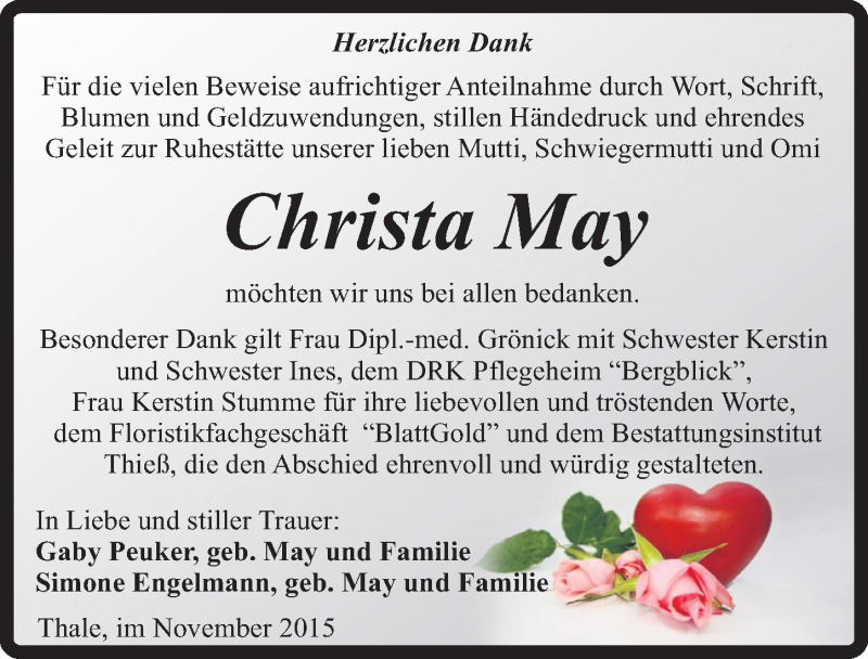  Traueranzeige für Christa May vom 21.11.2015 aus Mitteldeutsche Zeitung Quedlinburg