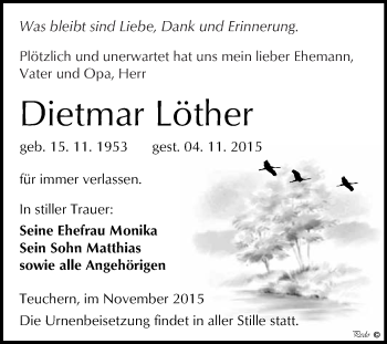 Traueranzeige von Dietmar Löther von WVG - Wochenspiegel NMB / WSF / ZTZ