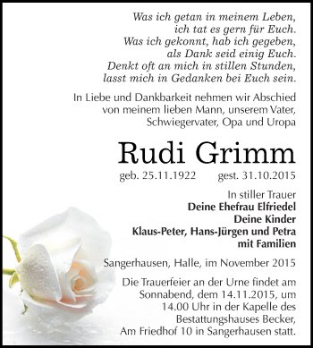 Traueranzeige von Rudi Grimm von Super Sonntag SGH Mansf. Land