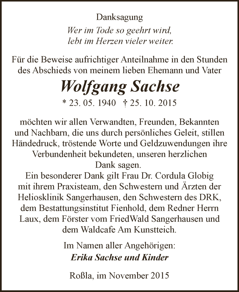  Traueranzeige für Wolfgang Sachse vom 14.11.2015 aus Super Sonntag SGH Mansf. Land