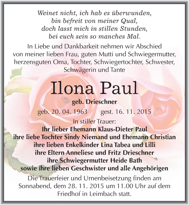  Traueranzeige für Ilona Paul vom 19.11.2015 aus Mitteldeutsche Zeitung Mansfelder Land