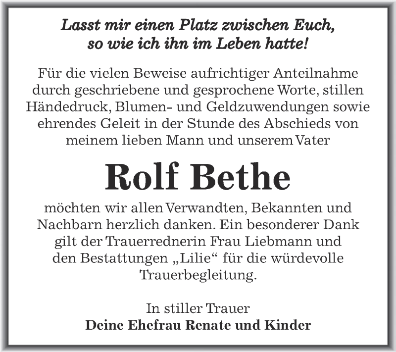  Traueranzeige für Rolf Bethe vom 28.11.2015 aus WVG - Wochenspiegel Dessau / Köthen
