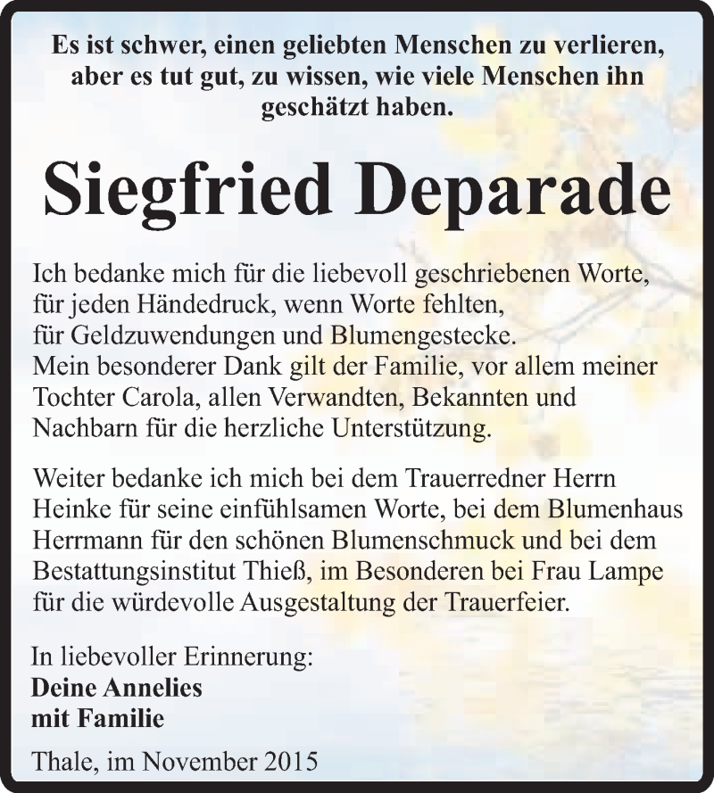 Traueranzeige für Siegfried Deparade vom 28.11.2015 aus Super Sonntag Quedlinburg