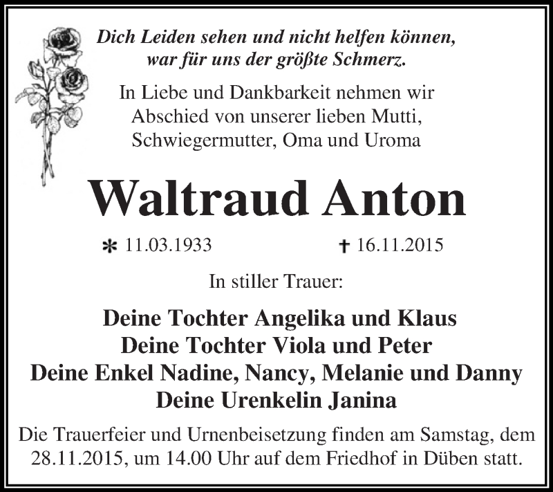  Traueranzeige für Waltraud Anton vom 21.11.2015 aus WVG - Wochenspiegel Dessau / Köthen