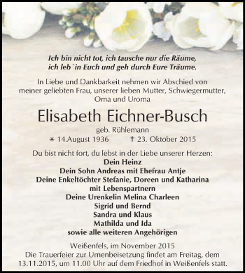 Traueranzeige von Elisabeth Eichner-Busch von WVG - Wochenspiegel NMB / WSF / ZTZ