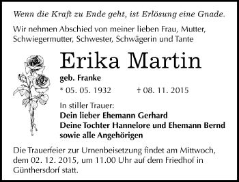 Traueranzeige von Erika Martin von Mitteldeutsche Zeitung Merseburg/Querfurt