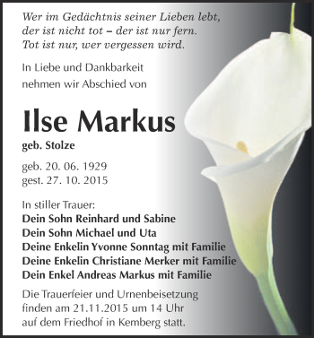 Traueranzeige von Ilse Markus von Super Sonntag Wittenberg