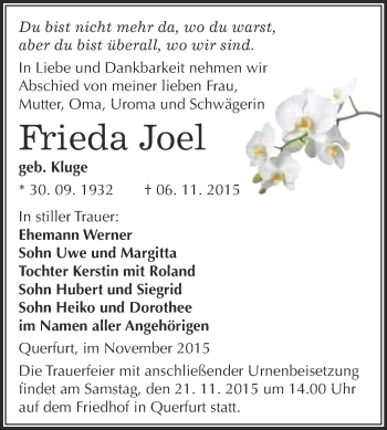 Traueranzeige von Frieda Joel von WVG - Wochenspiegel Merseburg