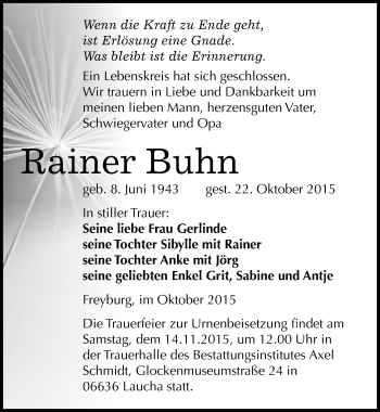 Traueranzeige von Rainer Buhn von Mitteldeutsche Zeitung Naumburg/Nebra