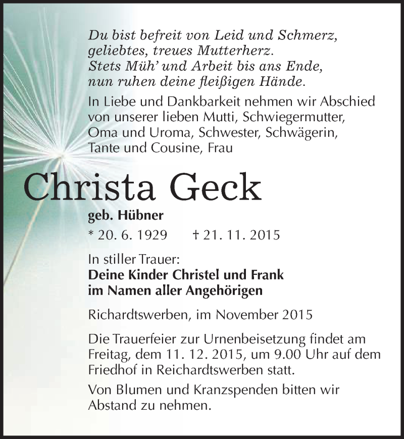  Traueranzeige für Christa Geck vom 28.11.2015 aus Mitteldeutsche Zeitung Weißenfels