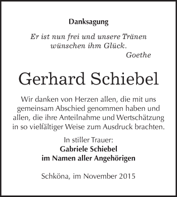 Traueranzeige von Gerhard Schiebel von WVG - Wochenspiegel Wittenberg
