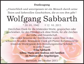 Traueranzeige von Wolfgang Sabbarth von Mitteldeutsche Zeitung Merseburg/Querfurt
