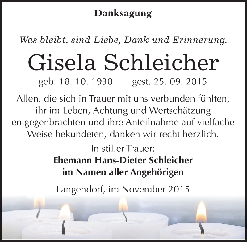  Traueranzeige für Gisela Schleicher vom 04.11.2015 aus Mitteldeutsche Zeitung Weißenfels