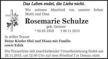 Traueranzeige von Rosemarie Schulze von WVG - Wochenspiegel Dessau / Köthen