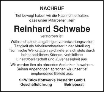 Traueranzeige von Reinhard Schwabe von Super Sonntag Wittenberg