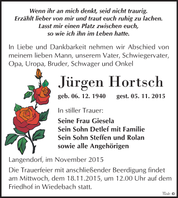 Traueranzeige von Jürgen Hortsch von WVG - Wochenspiegel NMB / WSF / ZTZ