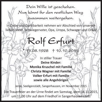 Traueranzeige von Rolf Erfurt von Super Sonntag SGH Mansf. Land