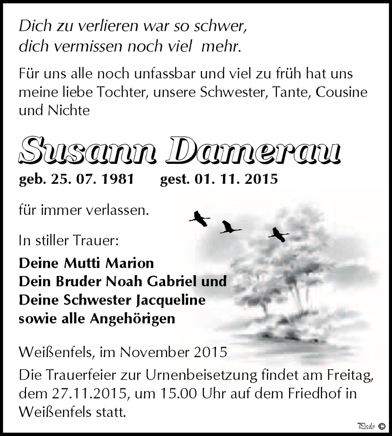  Traueranzeige für Susann Damerau vom 18.11.2015 aus WVG - Wochenspiegel NMB / WSF / ZTZ