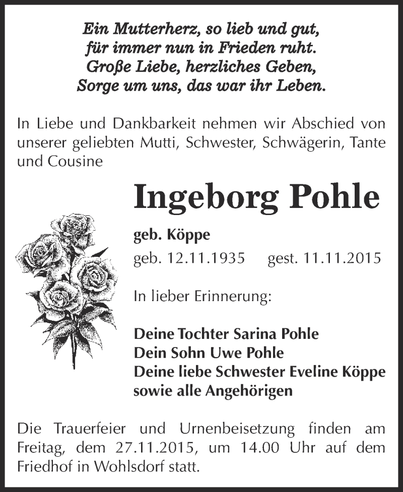  Traueranzeige für Ingeborg Pohle vom 21.11.2015 aus WVG - Wochenspiegel Dessau / Köthen