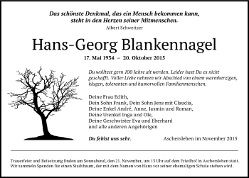 Traueranzeige von Hans-Georg Blankennagel von Mitteldeutsche Zeitung Aschersleben