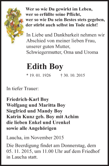 Traueranzeige von Edith Boy von Mitteldeutsche Zeitung Naumburg/Nebra