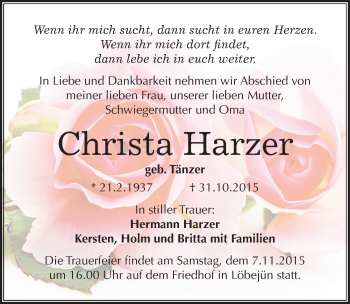 Traueranzeige von Christa Harzer von Mitteldeutsche Zeitung Halle/Saalkreis