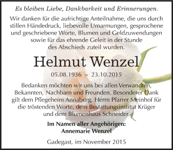 Traueranzeige von Helmut Wenzel von Mitteldeutsche Zeitung Wittenberg