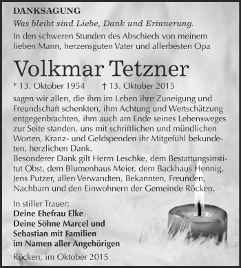 Traueranzeige von Volkmar Tetzner von Super Sonntag Merseburg