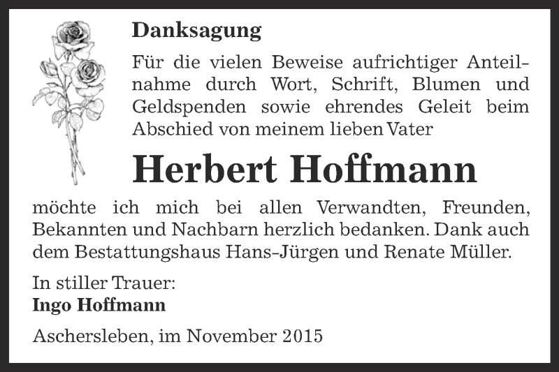  Traueranzeige für Herbert Hoffmann vom 04.11.2015 aus Super Sonntag Aschersleben