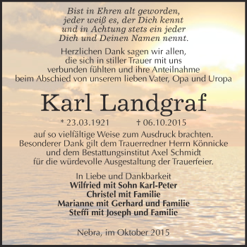 Traueranzeige von Karl Landgraf von WVG - Wochenspiegel NMB / WSF / ZTZ