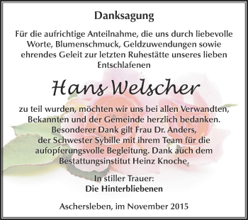 Traueranzeige von Hans Welscher von Super Sonntag Aschersleben