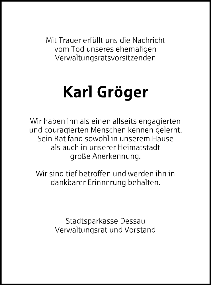  Traueranzeige für Karl Gröger vom 04.11.2015 aus Mitteldeutsche Zeitung Dessau-Roßlau