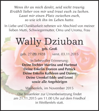 Traueranzeige von Wally Dziuban von WVG - Wochenspiegel NMB / WSF / ZTZ