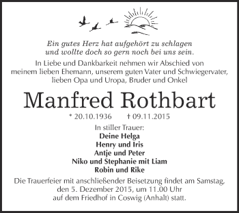 Traueranzeige von Manfred Rothbart von Super Sonntag Wittenberg