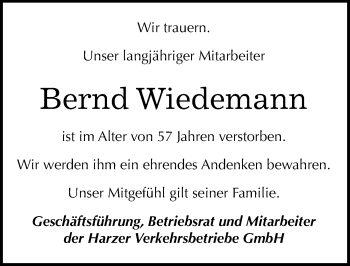Traueranzeige von Bernd Wiedemann von Mitteldeutsche Zeitung Quedlinburg