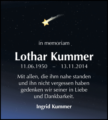 Traueranzeige von Lothar Kummer von WVG - Wochenspiegel Dessau / Köthen