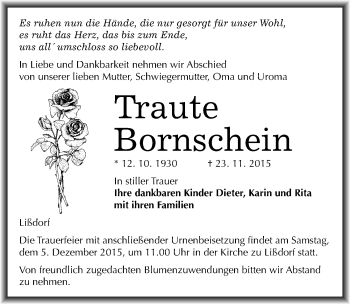 Traueranzeige von Traute Bornschein von Mitteldeutsche Zeitung Naumburg/Nebra