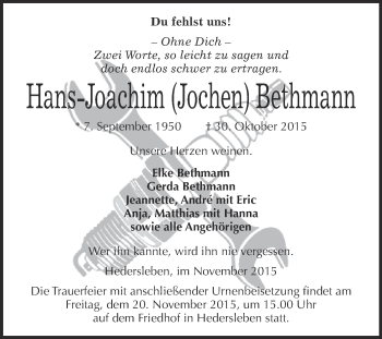 Traueranzeige von Hans-Joachim Bethmann von WVG - Wochenspiegel Quedlinburg