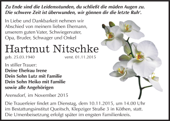 Traueranzeige von Hartmut Nitschke von Mitteldeutsche Zeitung Köthen