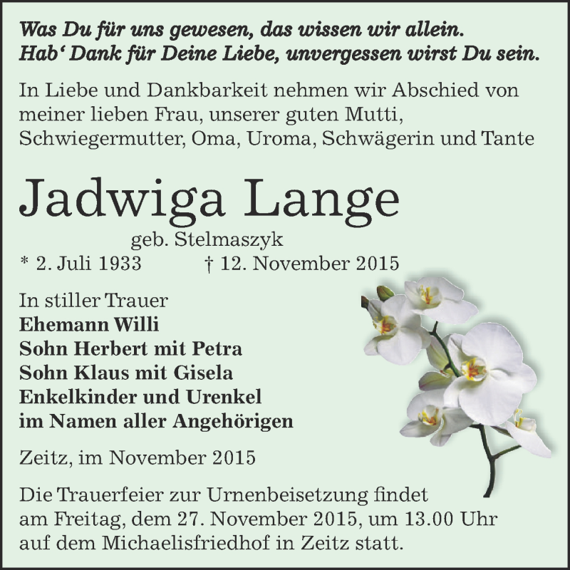  Traueranzeige für Jadwiga Lange vom 21.11.2015 aus Super Sonntag Zeitz