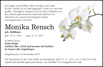 Traueranzeige von Monika Rensch von Super Sonntag SGH Mansf. Land