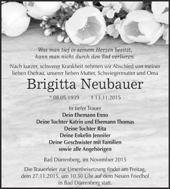 Traueranzeige von Brigitta Neubauer von Super Sonntag Merseburg