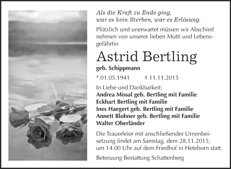  Traueranzeige für Astrid Bertling vom 21.11.2015 aus Super Sonntag Quedlinburg