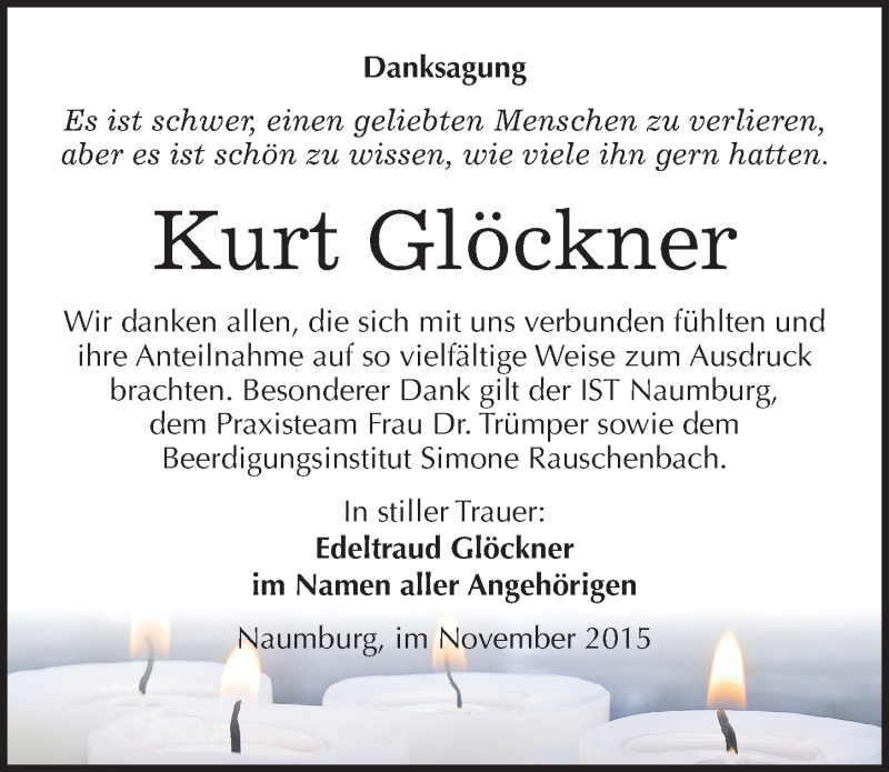 Traueranzeige für Kurt Glöckner vom 13.11.2015 aus Mitteldeutsche Zeitung Naumburg/Nebra