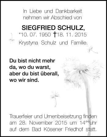 Traueranzeige von Siegfried Schulz von Mitteldeutsche Zeitung Naumburg/Nebra