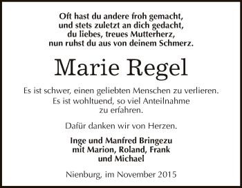 Traueranzeige von Marie Regel von Super Sonntag Bernburg